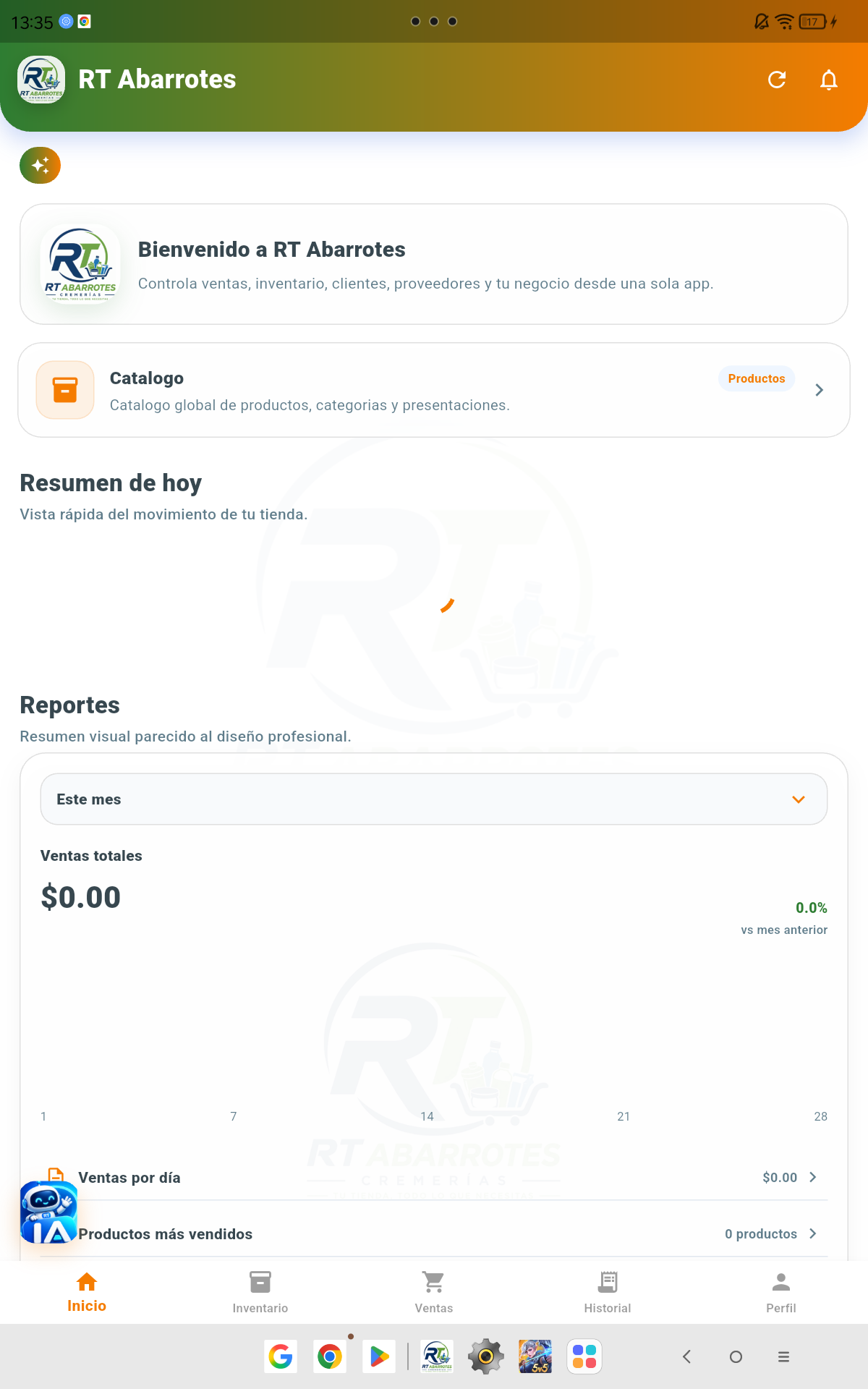Pantalla real de inicio de RT Abarrotes en tableta Android