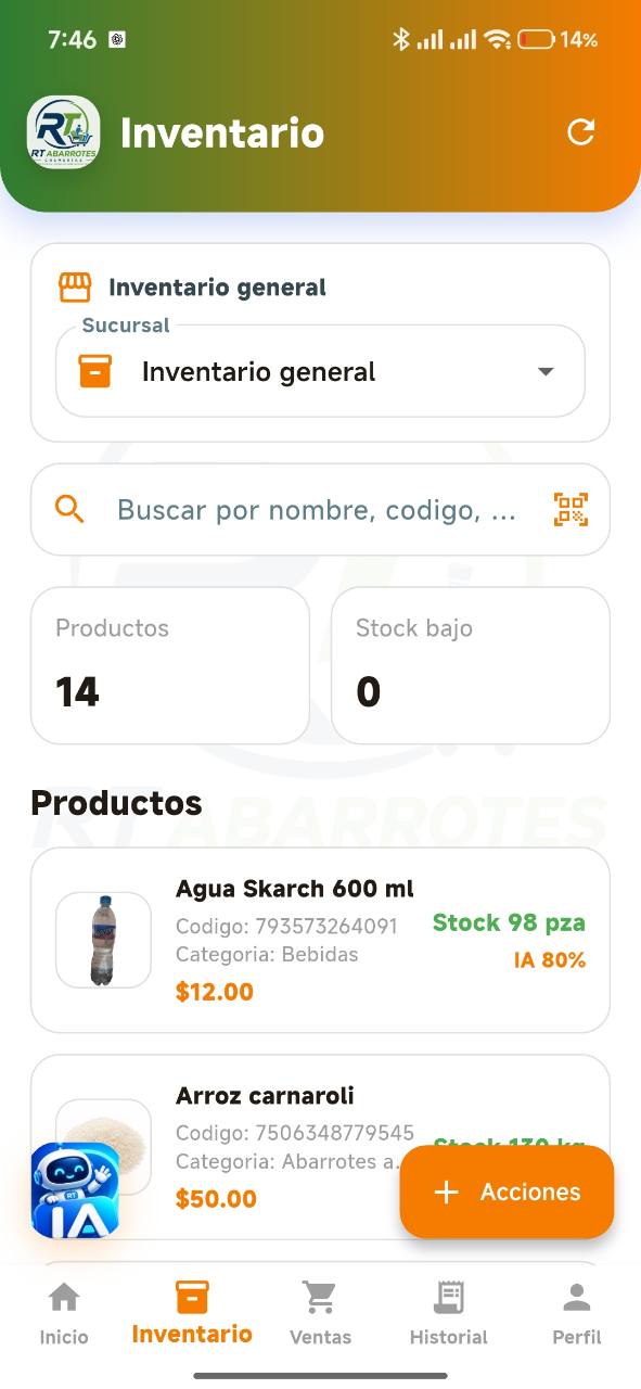 Pantalla real del inventario de RT Abarrotes para Android