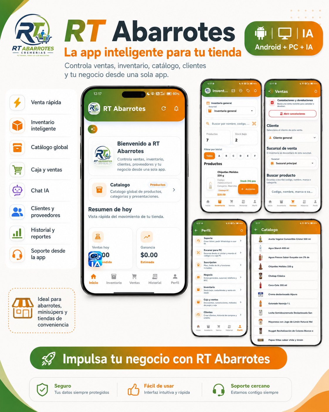 RT Abarrotes: venta rápida, inventario, catálogo global, caja, chat IA y reportes, en Android y PC