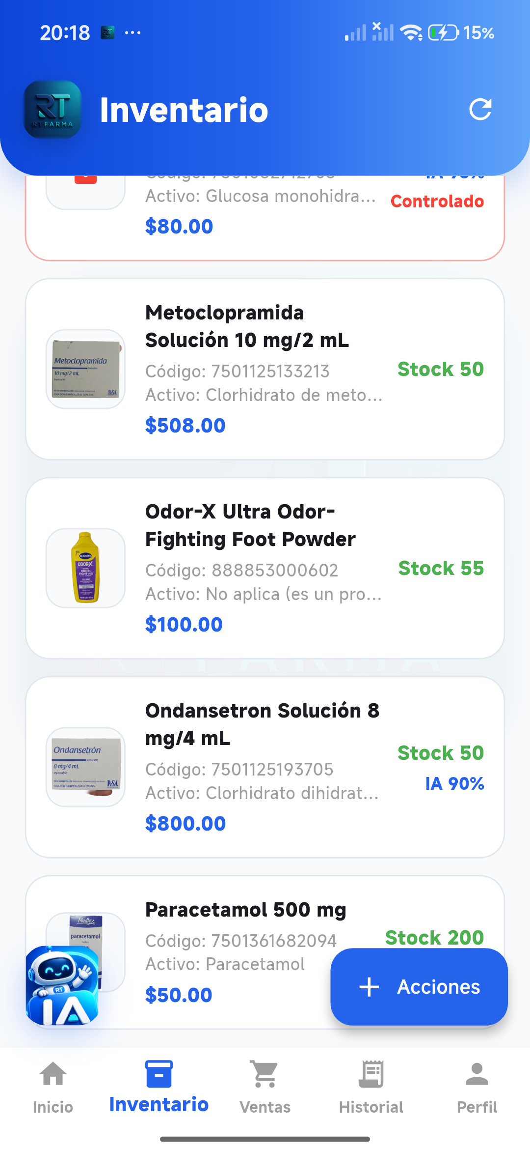 Pantalla real del inventario de RT Pharma para Android