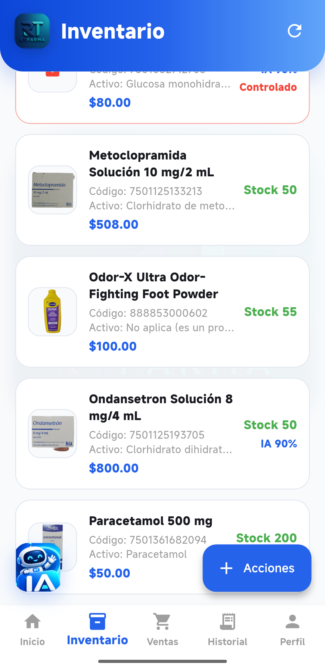 Pantalla real del inventario de RT Pharma para Android